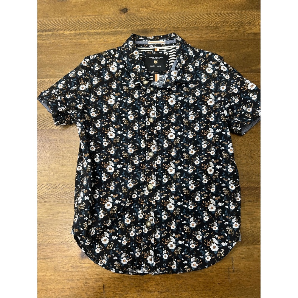 denim and flowers - boys floral button down - Size 5/6